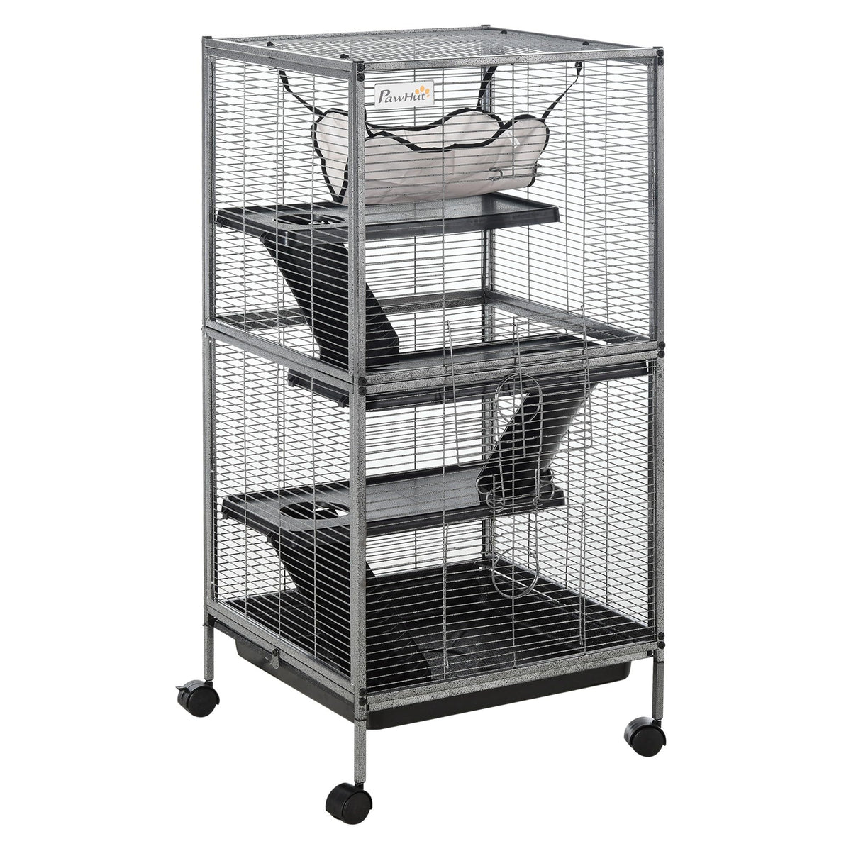 PawHut Metal Small Animal Cage, 5-Tiers Rolling Big Ferret Cage, Gray
