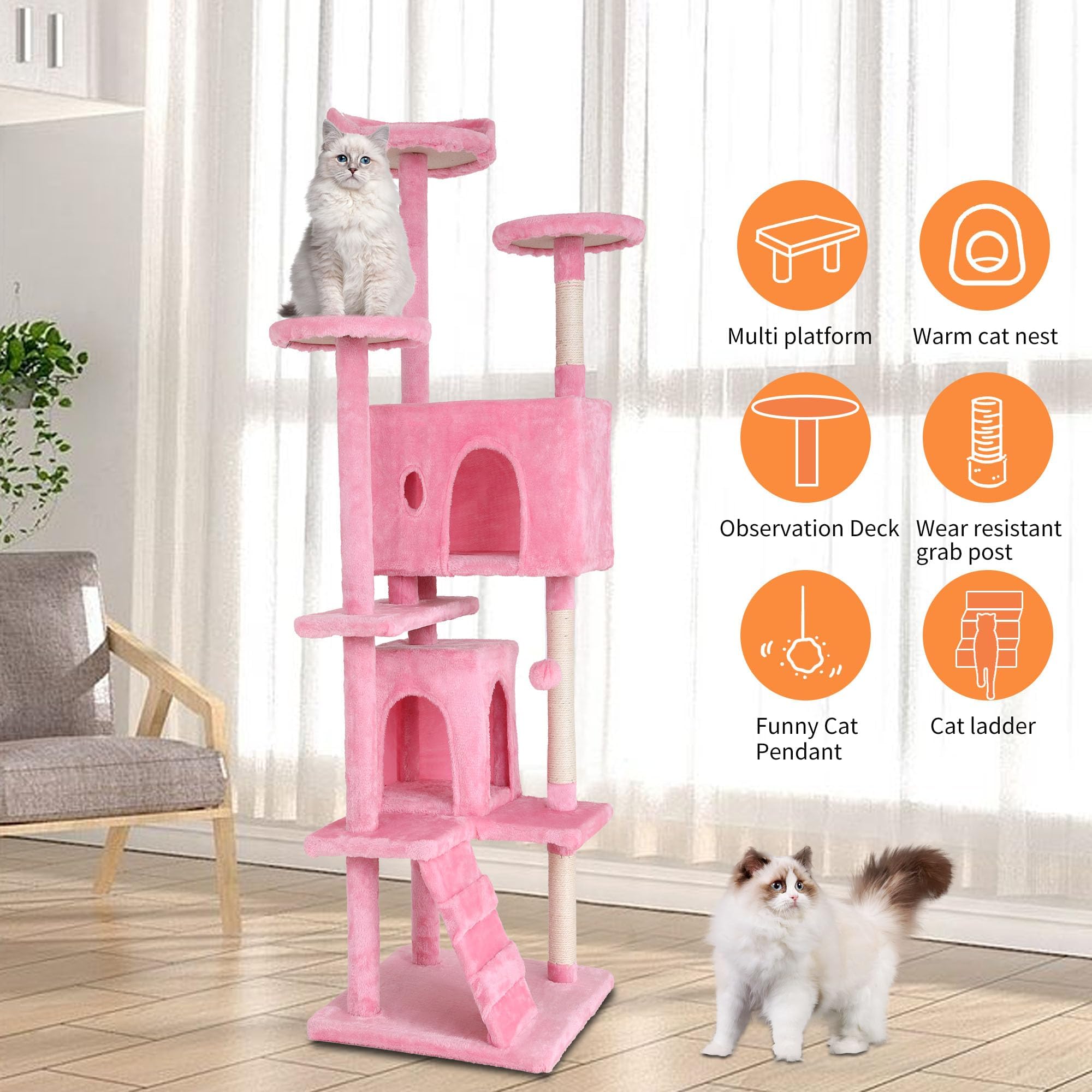 GINMAON 70 Inch Pink Cat Tree, Tall Cat Tower with 2 Condos, 3 Scratching Posts, Multi-Level Platforms - Sturdy Climbing Structure Tall Cat Tower for Indoor Cats
