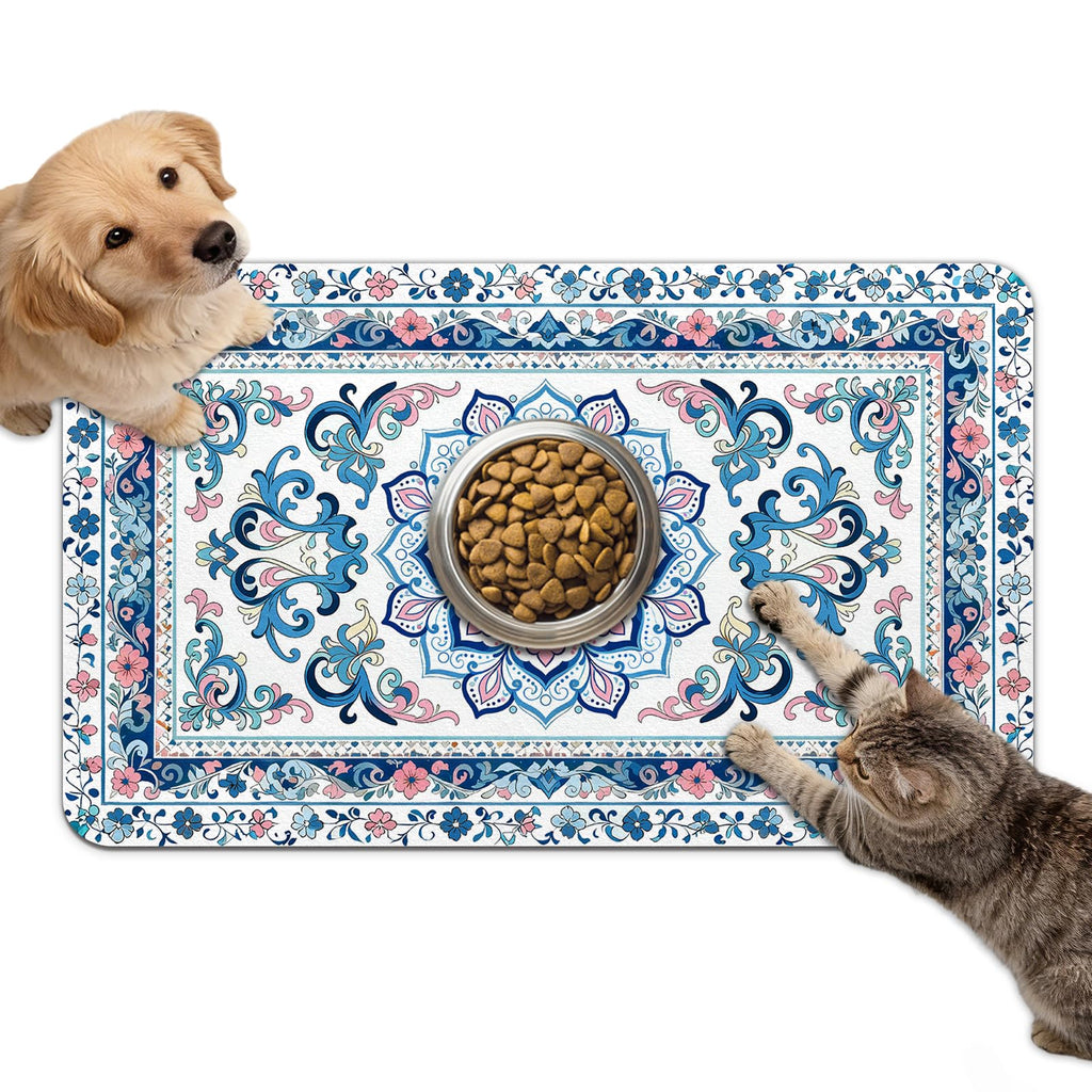 Dog Food Mat for Bowls, Absorbent Quick Dry Dog Cat Mats for Food and Water, Non-Slip Backing Pet Mat Pet Supplies - Blue Vintage Floral Pattern