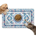 Dog Food Mat for Bowls, Absorbent Quick Dry Dog Cat Mats for Food and Water, Non-Slip Backing Pet Mat Pet Supplies - Blue Vintage Floral Pattern