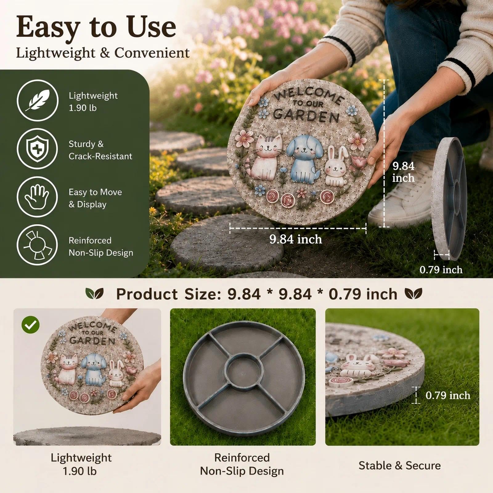 Bechivie Garden Stepping Stones Outdoor, 9.8" Resin Pet Cat Dog Bunny Stepping Stone for Walkway Gardening Gifts, Spring Decorative Round Welcome to Our Garden Home Decor for Outside Yard Patio Lawn