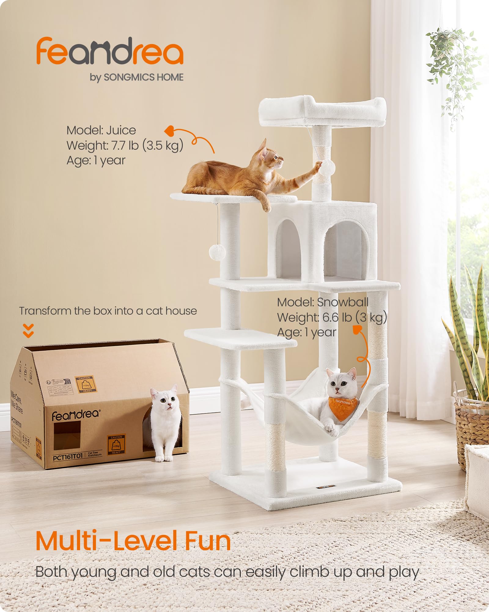 Feandrea Cat Tree, 54.2-Inch Cat Tower, Plush Multi-Level Condo with 4 Scratching Posts, 2 Perches, Hammock, Cave, Cream White UPCT161T01