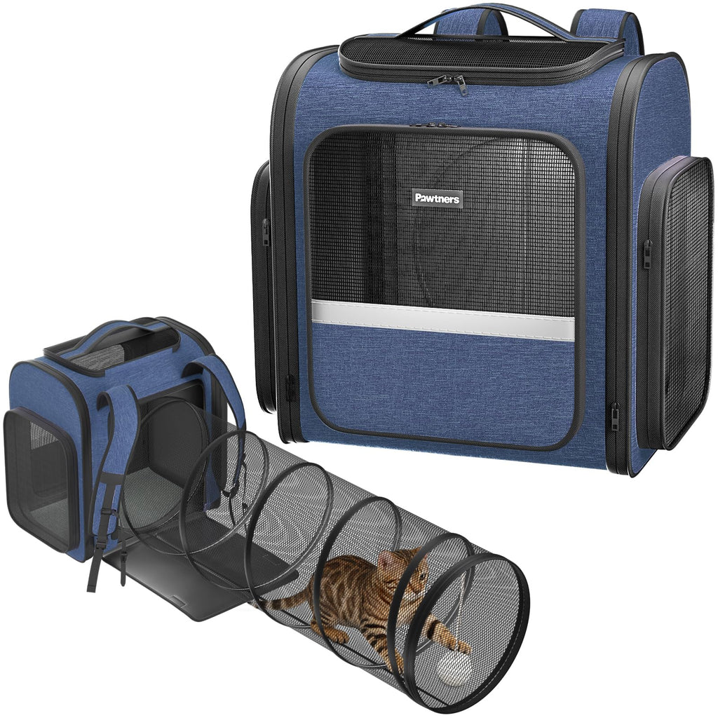 Pawtners Cat Backpack with Play Tunnel, Design for Carrying Playing Blue