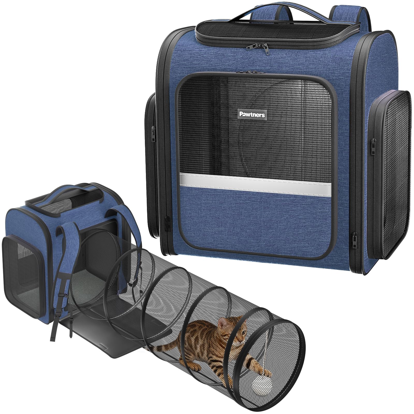 Pawtners Cat Backpack with Play Tunnel, Design for Carrying Playing Blue