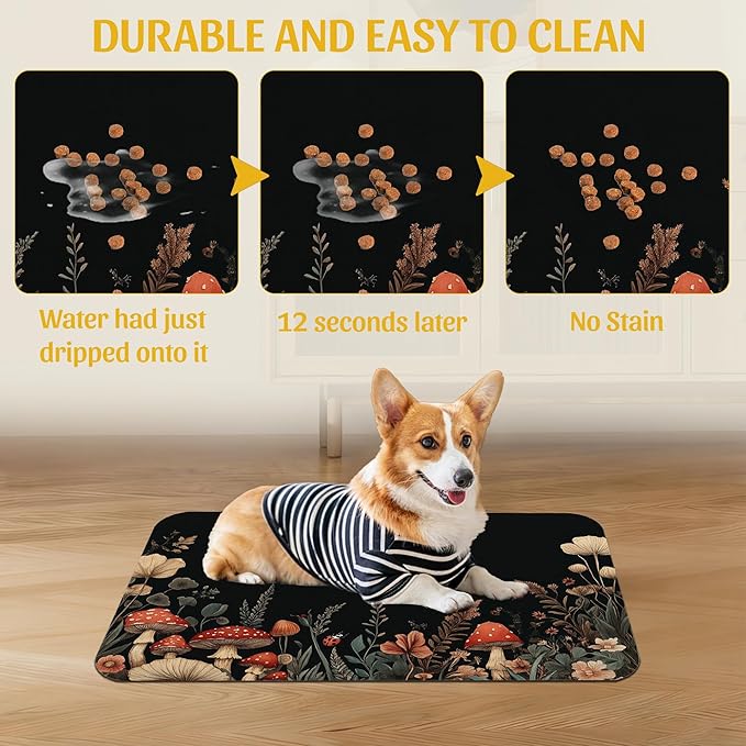 Vintage Mushroom Flower Pet Feeding Mat, Absorbent Dog Cat Bowl Pad, Fast Dry, Waterproof Rubber Back – 12x20 Inch