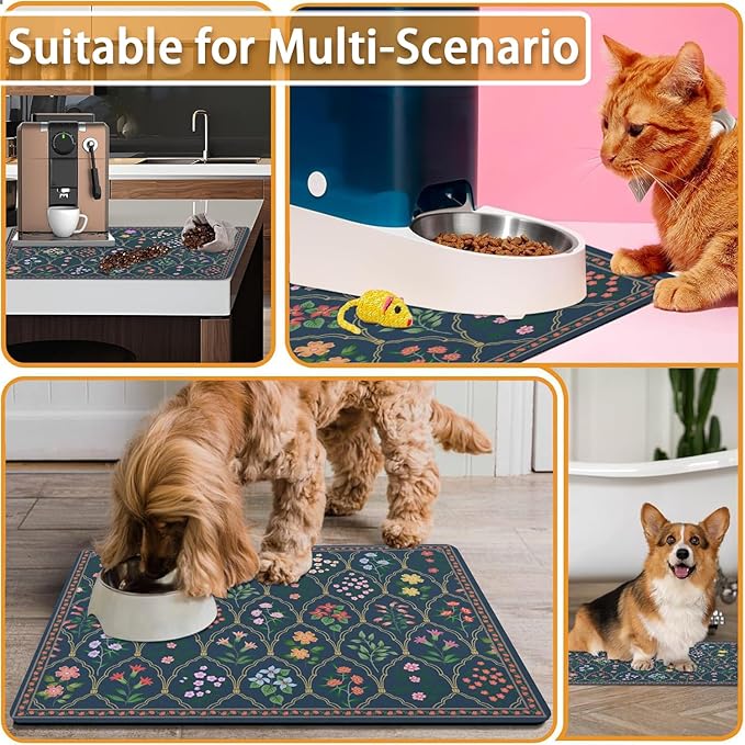 Absorbent Pet Dog Bowl Mat for Food and Water, Pet Cat Food Feeding Mat with Non Slip Rubber Backing, Dog Food Mats for Floors Waterproof, 16"x24"