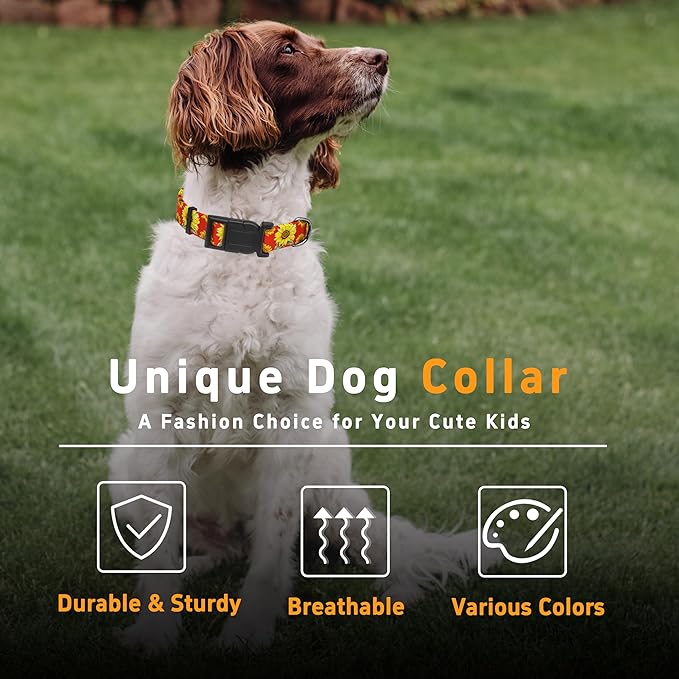 Seyezo Dog Collar, Floral Boys Girls Puppy Collar for Small Medium Large Dogs, Adjustable Soft Pet Collar with Safety Buckle for Male Females (Red Sunflower, S)
