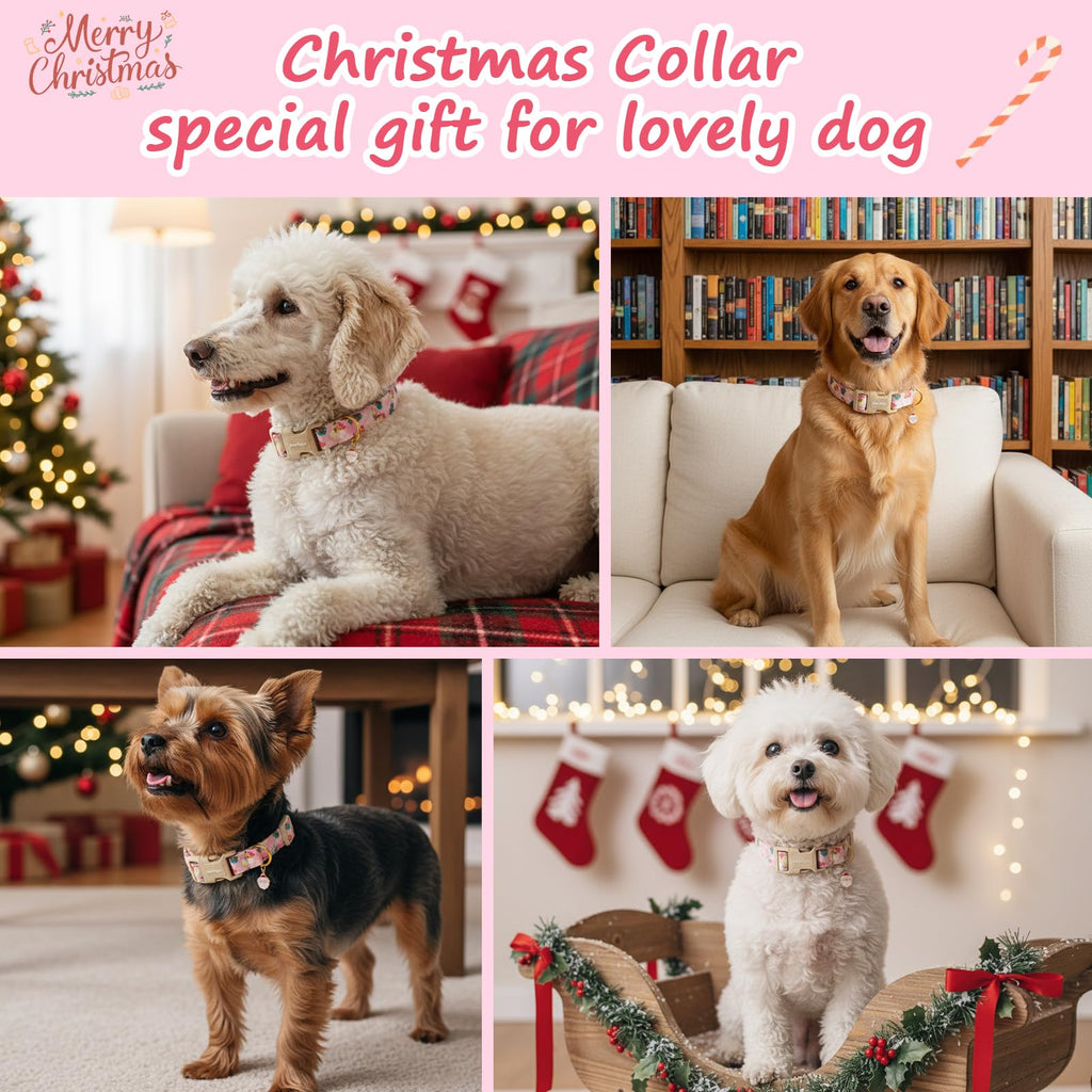 Astdogio Christmas Dog Collar for Medium Dogs, Adjustable Poly-Cotton Fabric Collar with Santa Pattern, Cute Pink Dog Collar for Dogs, Medium Dog Collars Girls Dog Collars