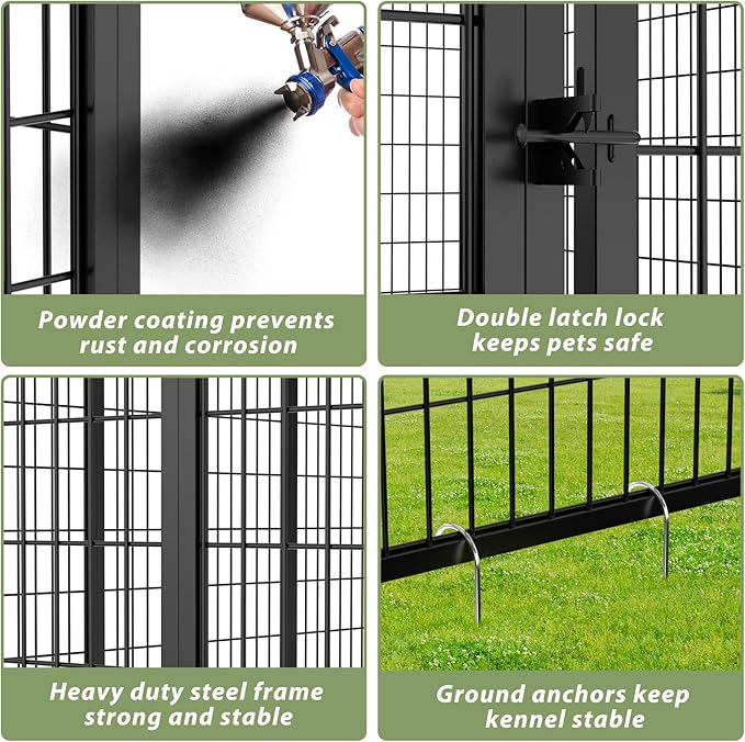 LOVMOR Outdoor Dog Kennel with Roof, Heavy Duty Steel Dog Run Enclosure for Medium Dogs, Waterproof Canopy, Double Latch Door, Adjustable Feeding Bowls, Pet Pen for Yard and Patio, 8’L x 4’W x 5.6’H
