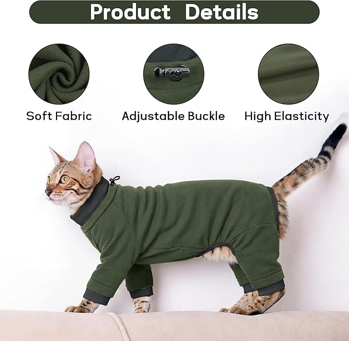 PUMYPOREITY Sticky Hair Cat Clothes, Prevent Loss Pajamas, Soft Sweaters for Cats Only, Onesie, Recovery Suit After Surgery, Green, M