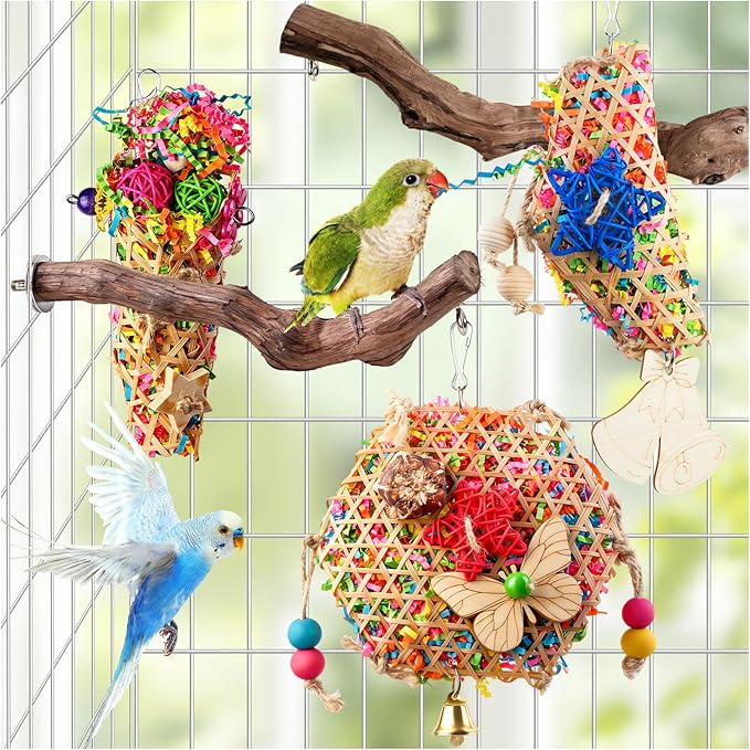 Matutinus Bird Toys, Parakeet Foraging Toys, Hanging Chewing Toys with Natural Wooden Perches, Bird Cage Accessories, Suitable for Parakeets, Cockatiels, Budgies, Lovebirds & More