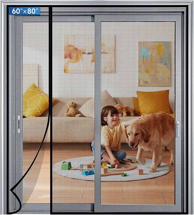 LONGEAS Magnetic Screen Door Left Right Side Opening Upgraded PET Mesh Greater Than Fiberglass and Polyester,Keep Bugs Out,Pet & Kid Friendly,Suitable for Sliding Doors,Patio French Doors-60" X 80"