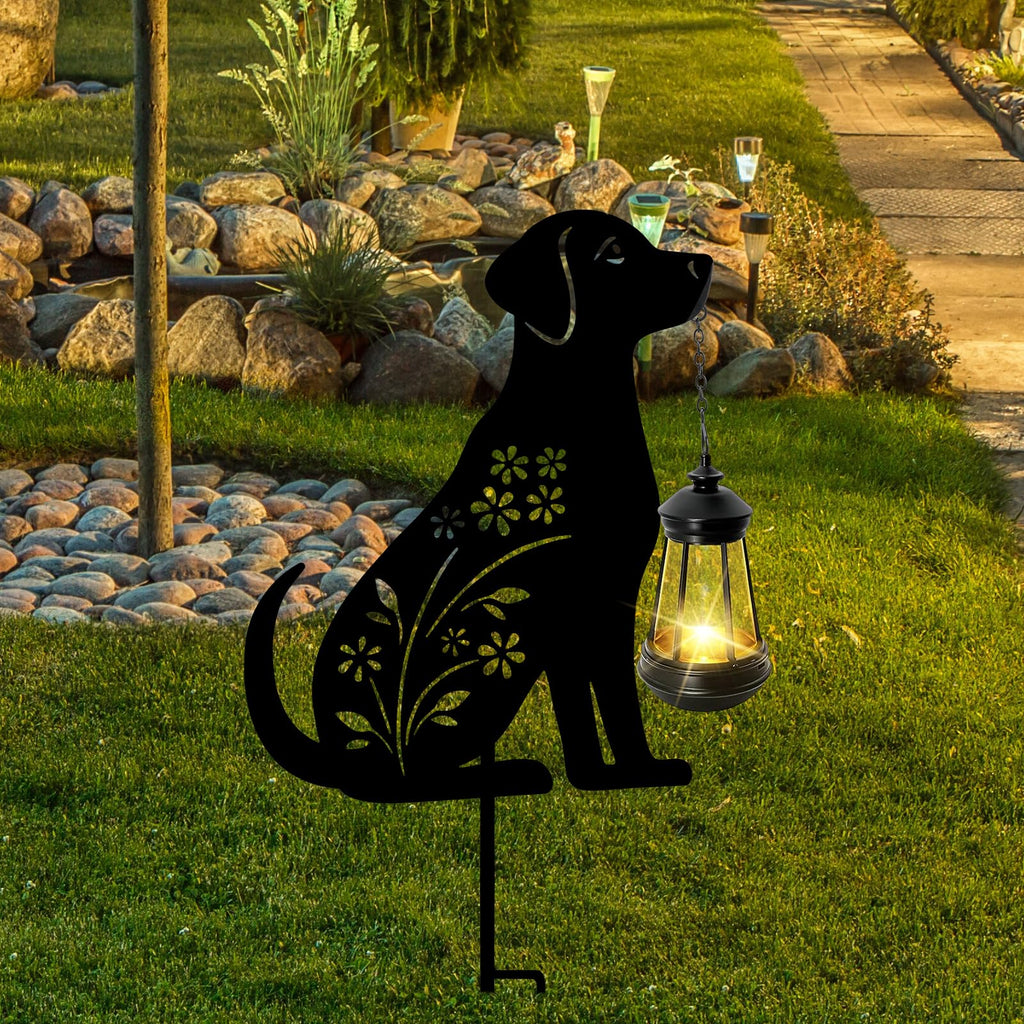 Solar Decorative Garden Light, Dog Outdoor Stake With Hanging Lantern