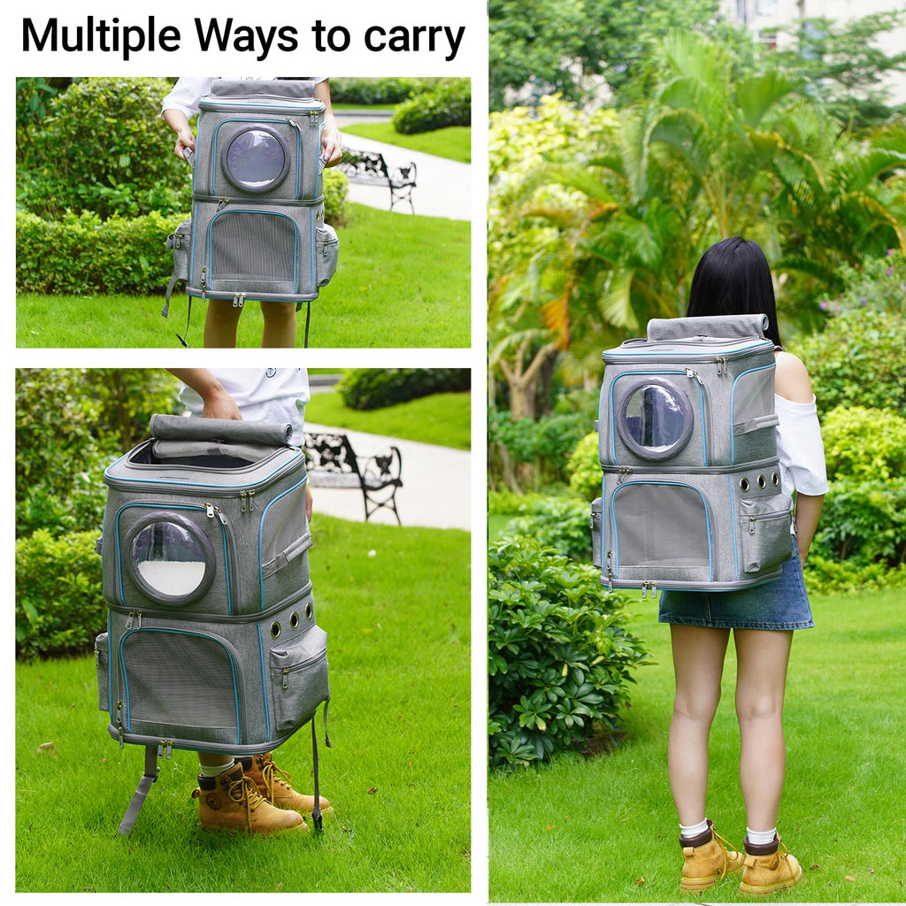 2-in-1 Pet Carrier Backpack for Two Cats or One Dog, Double-Layer 2 Compartment Carry Bag to Transport Small Animals Traveling and Hiking, Space Capsule Clear Bubble Dome