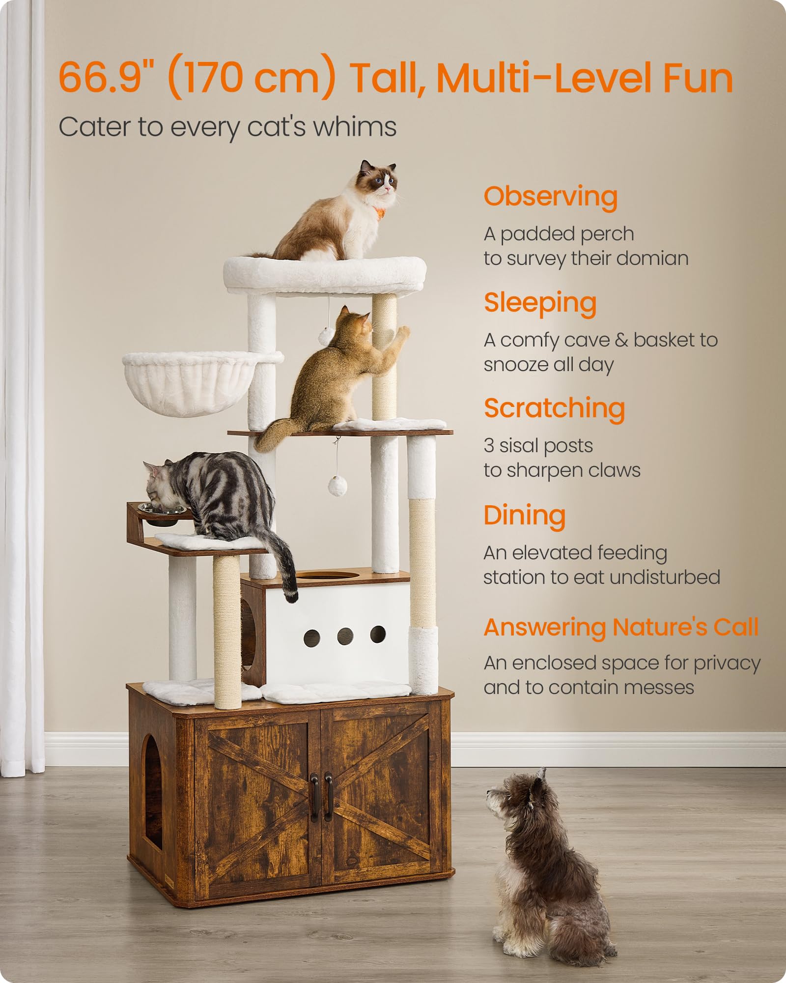 Feandrea Cat Tree, 66.9-Inch Cat Tower with Litter Box Enclosure, Large Condo with Food Station, Storage, Scratching Posts, Cave, Hammock, Washable Cushions, Rustic Brown UPCT169K01
