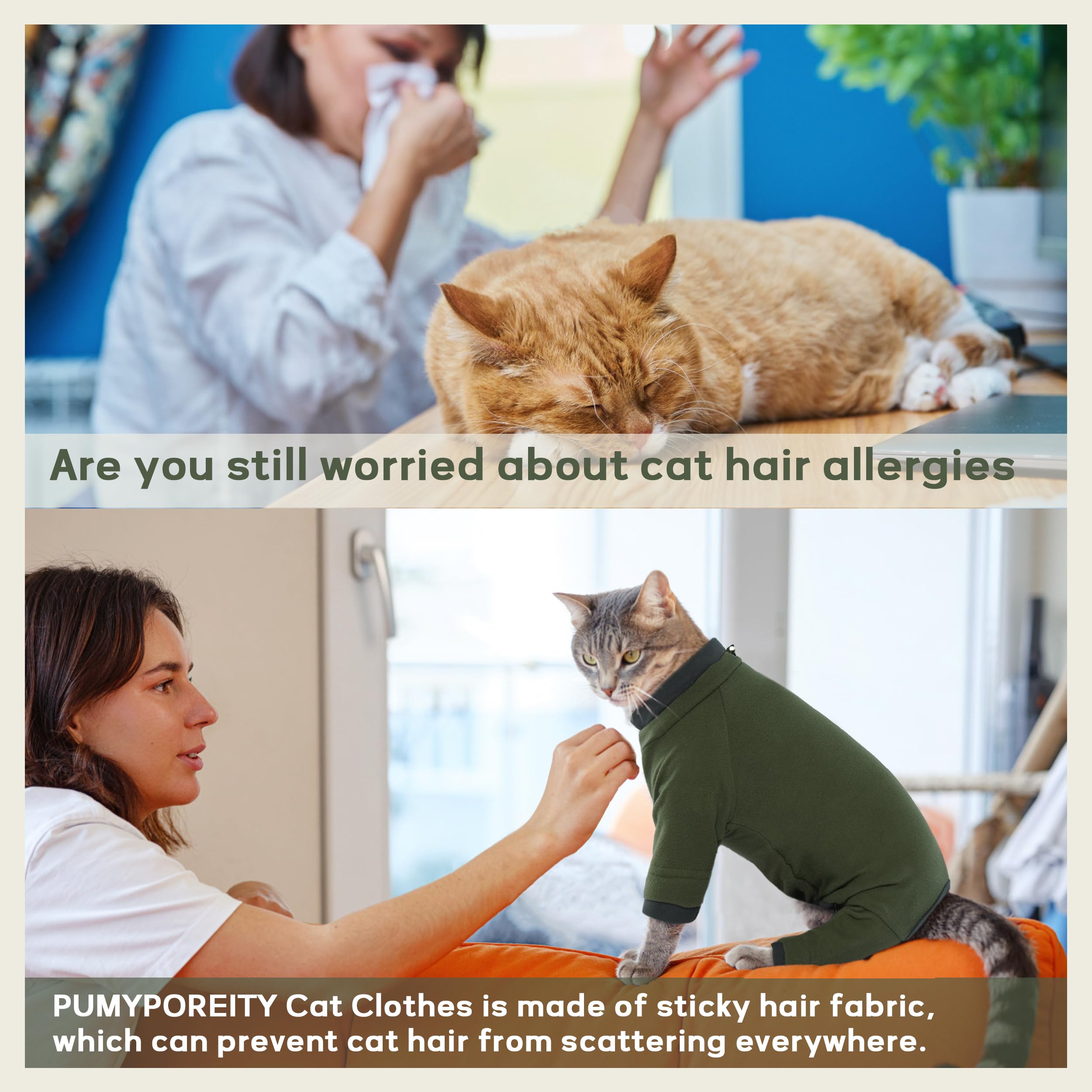 PUMYPOREITY Sticky Hair Cat Clothes, Prevent Hair Loss Cat Pajamas, Soft Cat Sweaters for Cats Only, Cat Hair Sticky Onesie, Cat Recovery Suit After Surgery, Green, XL