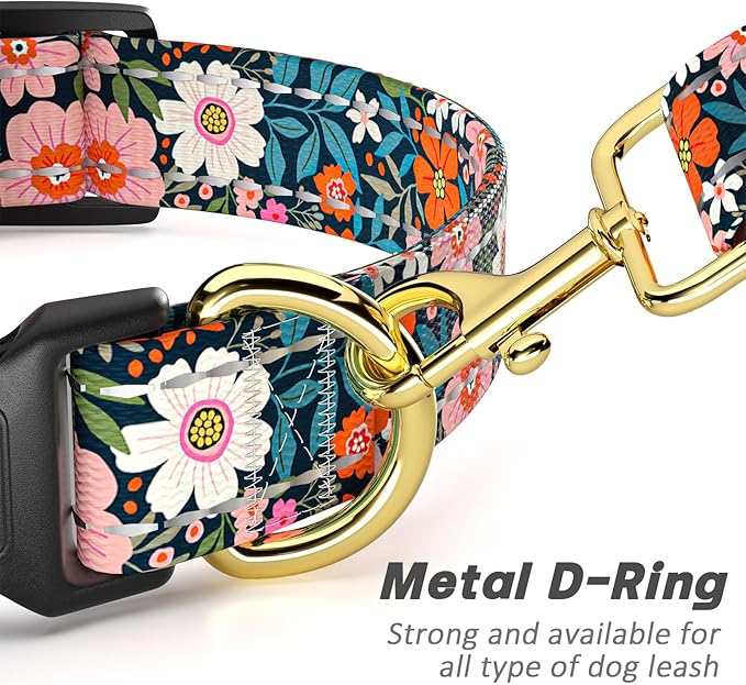 TMOODEL Reflective Dog Collar for Large Dogs, Cute Flower Theme Adjustable Heavy-Duty Nylon Puppy Collar for Boy and Girl Female, Soft Pet Accessories with Quick Release Buckle, Elegant Floral