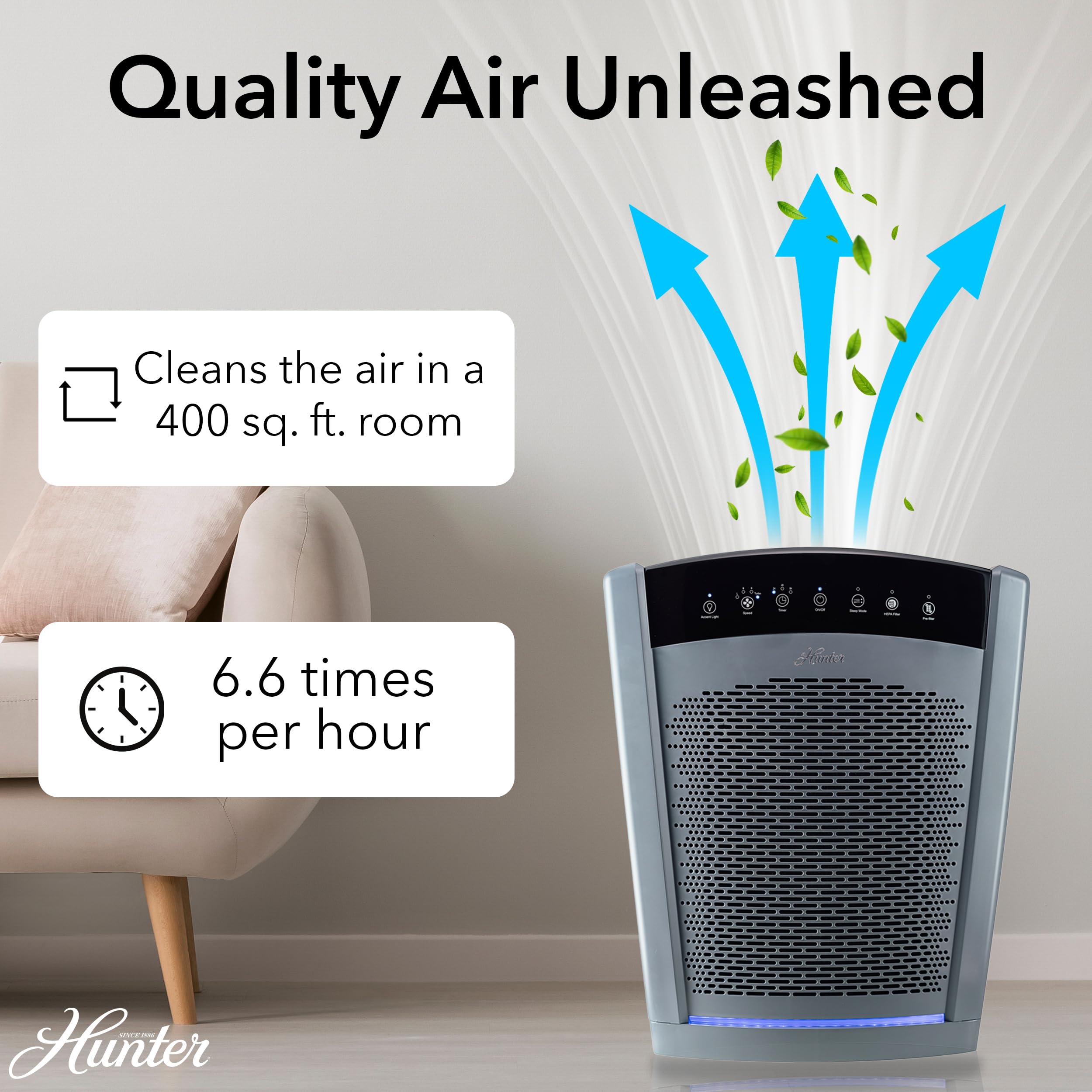 Hunter HP800 Air Purifier for Home Large Room for Pets, Odors, Gray