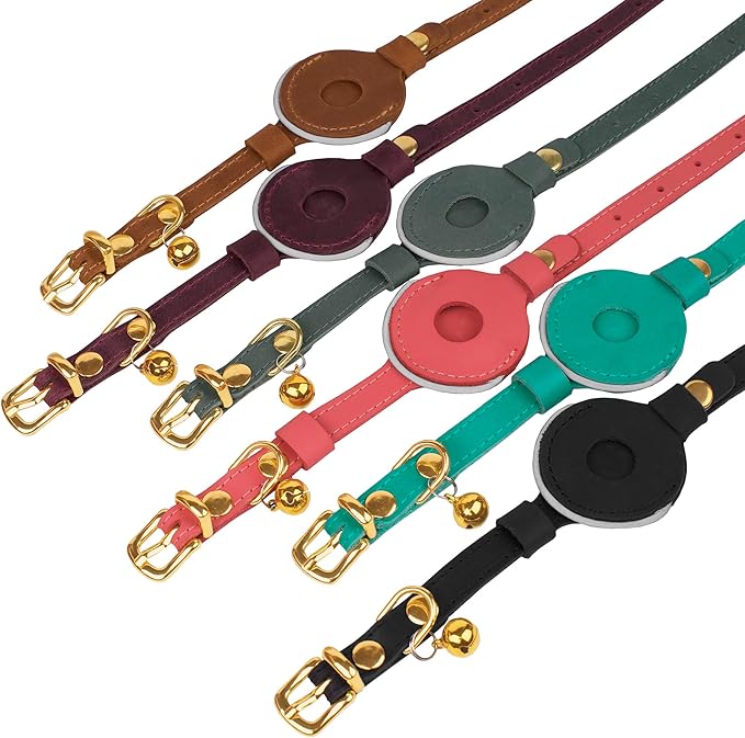OOPSDOGGY Reflective Leather AirTag Cat Collar with Bell - Non Breakaway Adjustable Pet Collar with Apple Air Tag Holder - Lightweight GPS Kitten Collars for Small Dogs Puppy (Black)