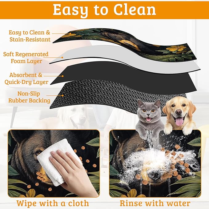 Brown Bear Dog Food Mat,Forest Absorbent Pet Feeding Mat for Food and Water Bowl,Quick Dry Dog Placemat Non Slip Rubber Backing Waterproof Pet Supplies 12" x 20"