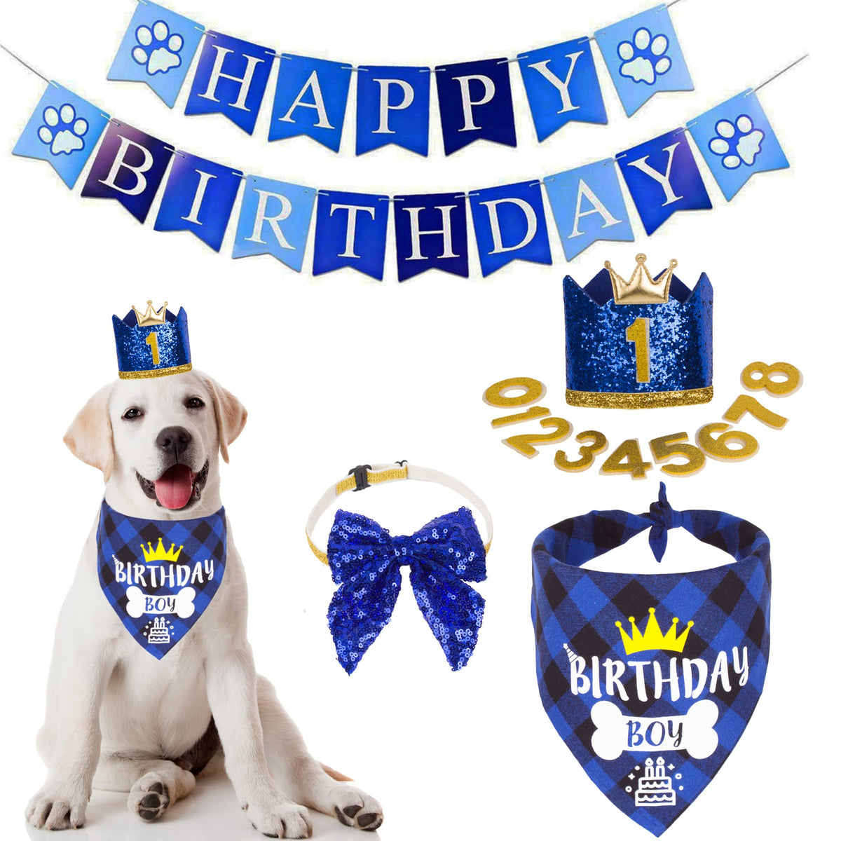 ADOGGYGO Dog Birthday Hat Bandana Bow Tie Set, Navy Blue, Large