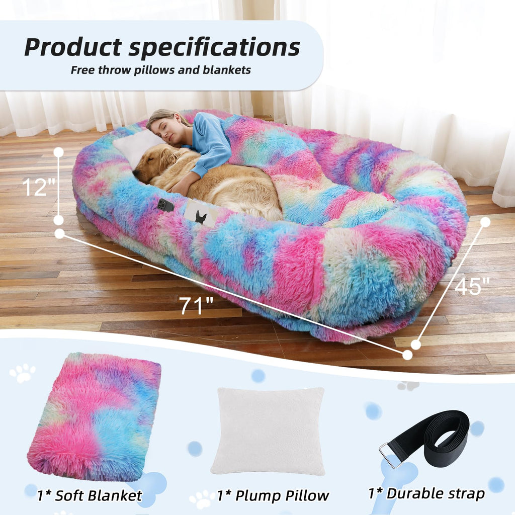 WROS Human Dog Bed, 71"x45"x12" Size Fits You and Pets, Washable Faux Fur Pet Bed for People Doze Off, Napping Orthopedic Dog Bed, Present Plump Pillow, Blanket, Strap - Rainbow