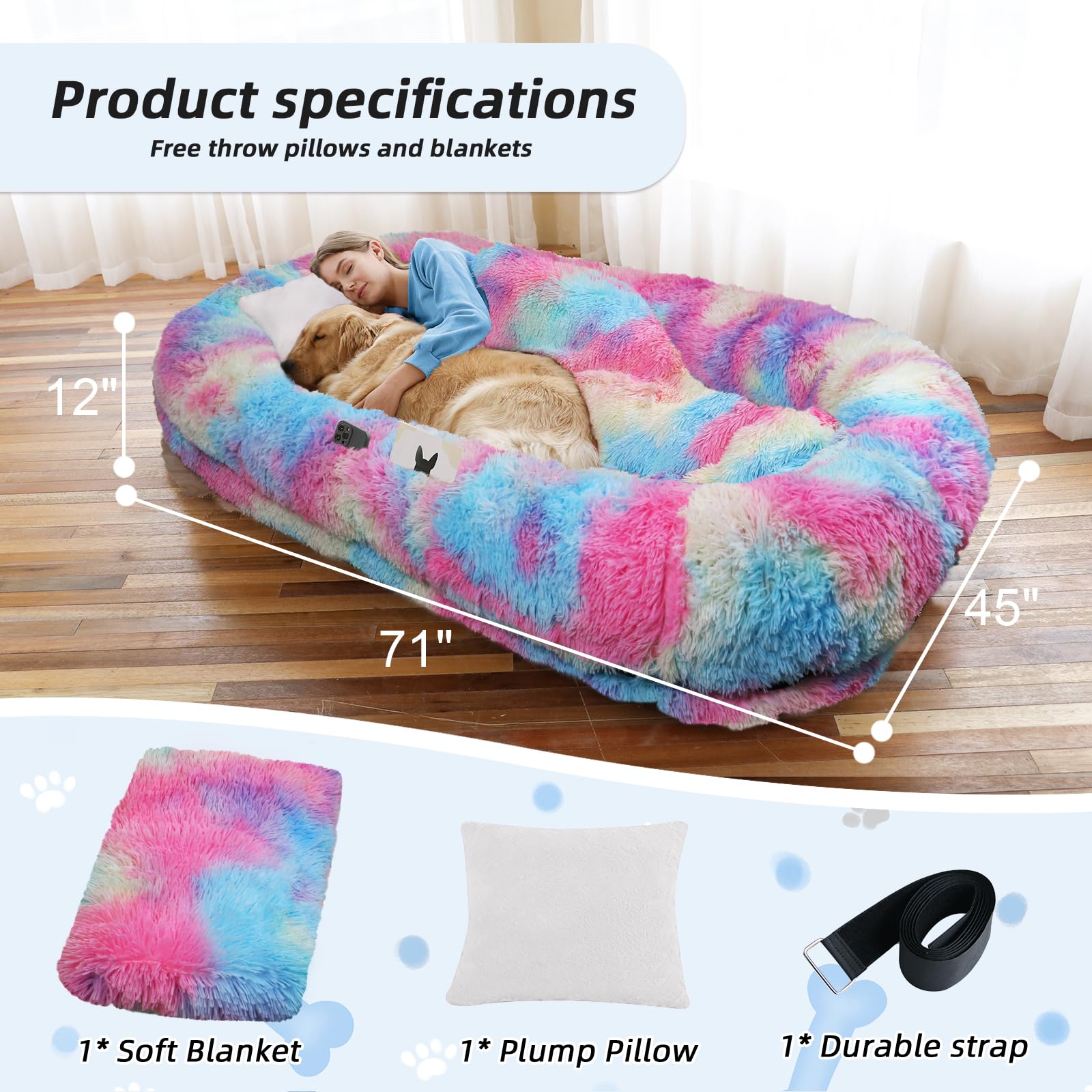 WROS Human Dog Bed, 71"x45"x12" Size Fits You and Pets, Washable Faux Fur Pet Bed for People Doze Off, Napping Orthopedic Dog Bed, Present Plump Pillow, Blanket, Strap - Rainbow