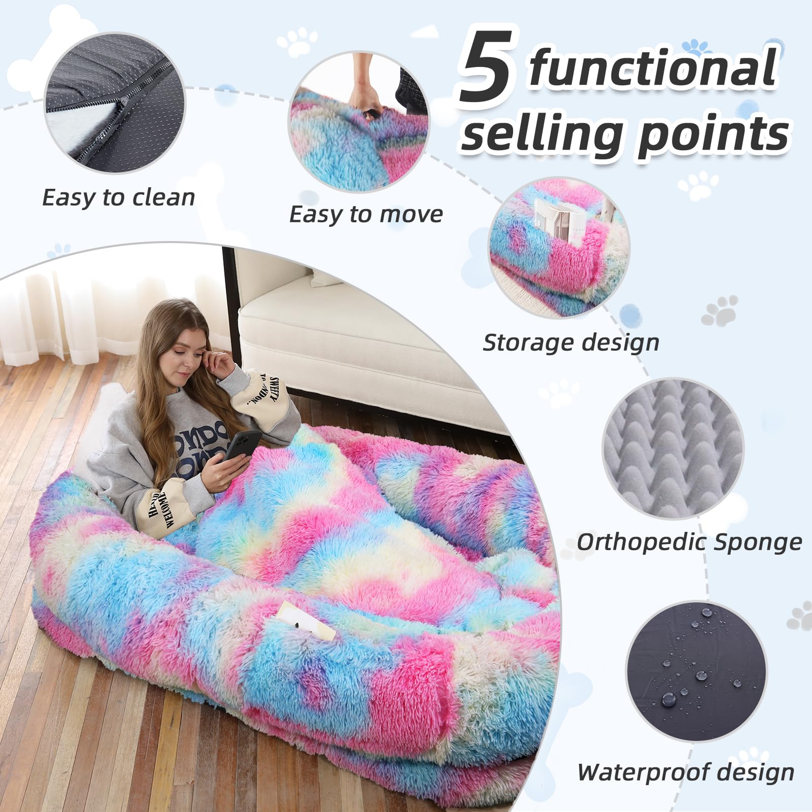 WROS Human Dog Bed, 71"x45"x12" Size Fits You and Pets, Washable Faux Fur Pet Bed for People Doze Off, Napping Orthopedic Dog Bed, Present Plump Pillow, Blanket, Strap - Rainbow