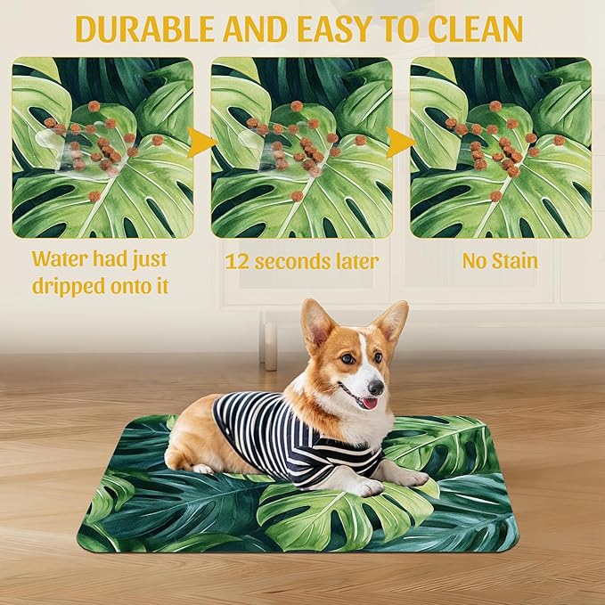 Tropical Palm Leaves Pet Feeding Mat, Absorbent Quick-Dry Dog Cat Bowl Mat, Non-Slip Bottom, Indoor Use – 12x20 Inch