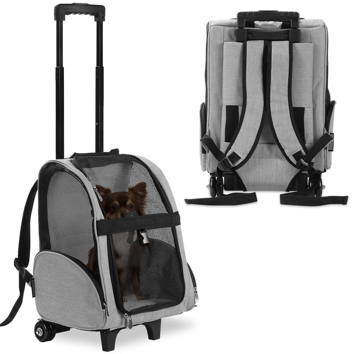 KOPEKS Deluxe Backpack Pet Travel Carrier with Double Wheels for Pets up to 18 Pounds - Grey