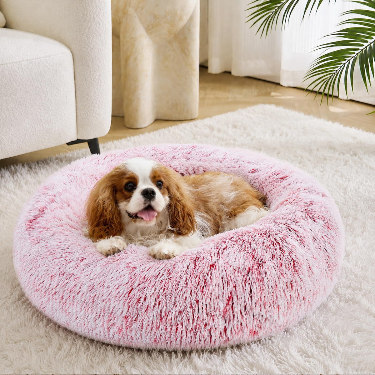 JOLLYVOGUE Calming Dog Bed for Small Dogs - 23 inches Donut Washable Small Dog Bed for Kittens & Puppies, Anti-Slip Round Fluffy Plush Faux Fur Cat Beds (Fits up to 25 lbs Pets, Purple)