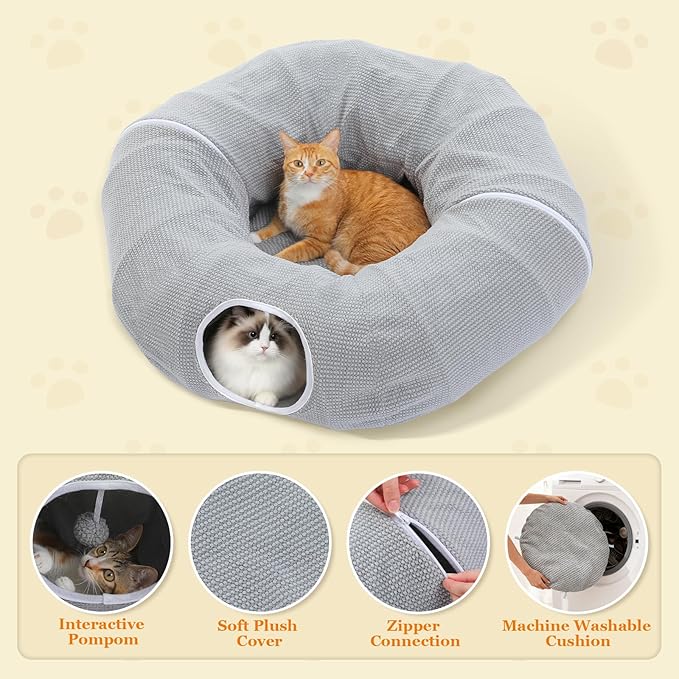 PEQULTI Grey Donut Cat Tunnel Bed Washable Plush Mat Multi for Small Pets