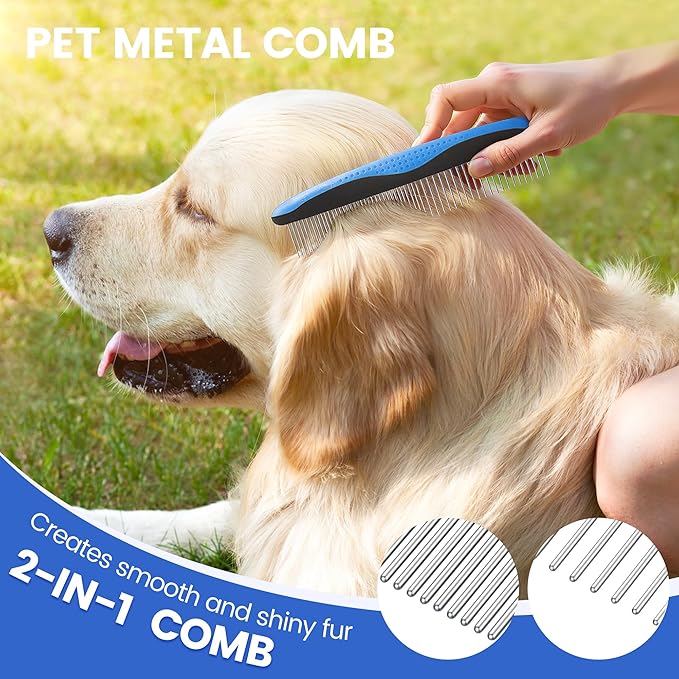 Double-Sided Pet Grooming Rake - 4-in-1 Professional Pet Grooming Kit Deshedding Dematting Tool for Dogs Cats Extra-Wide Grooming Brush & Deshedder Comb for Long & Short Haired Pets (Blue Kit 4PCS)