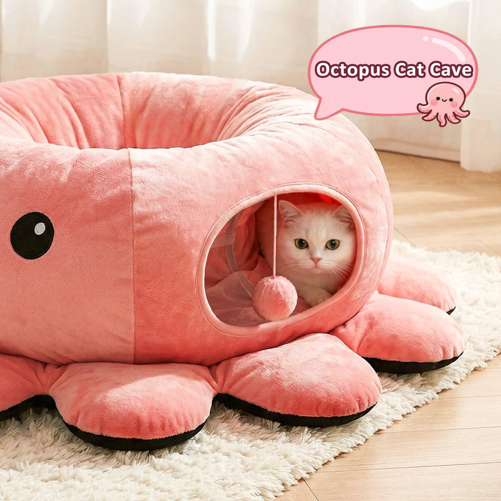 VIEFIN Cat Tunnel Bed with 20 Cat Toys, Collapsible Play Tunnel for Indoor Cats, Kitten Toys for Indoor Kittens, Octopus Shaped