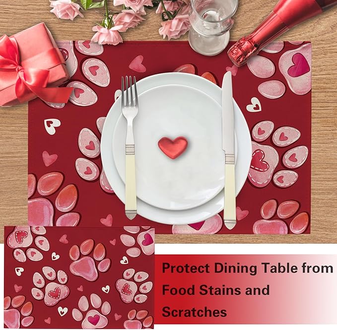 Croar Valentines Day Dog Cat Paw Prints Placemats Set of 4