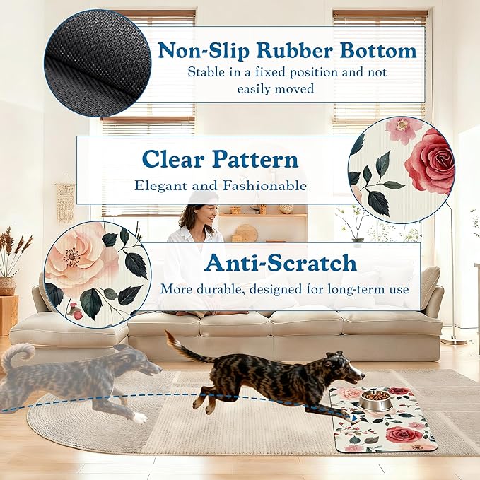 Pink Flower Leaf Pet Feeding Mat–Christmas Stocking Quick Dry Absorbent Dog Cat Food Mat, Non Slip Waterproof Bowl Placemat for Messy Eaters, Pet Accessories for Floors 16"x24"