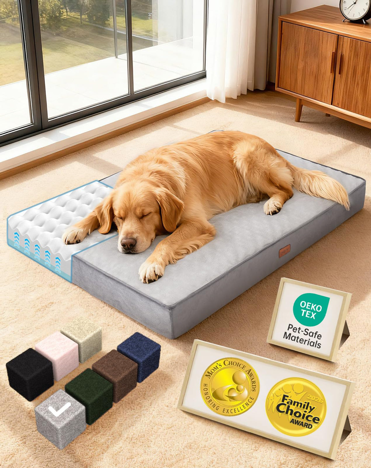 OhGeni Orthopedic Waterproof Large Dog Bed, Memory Foam, 41 inch-XL(Gray)