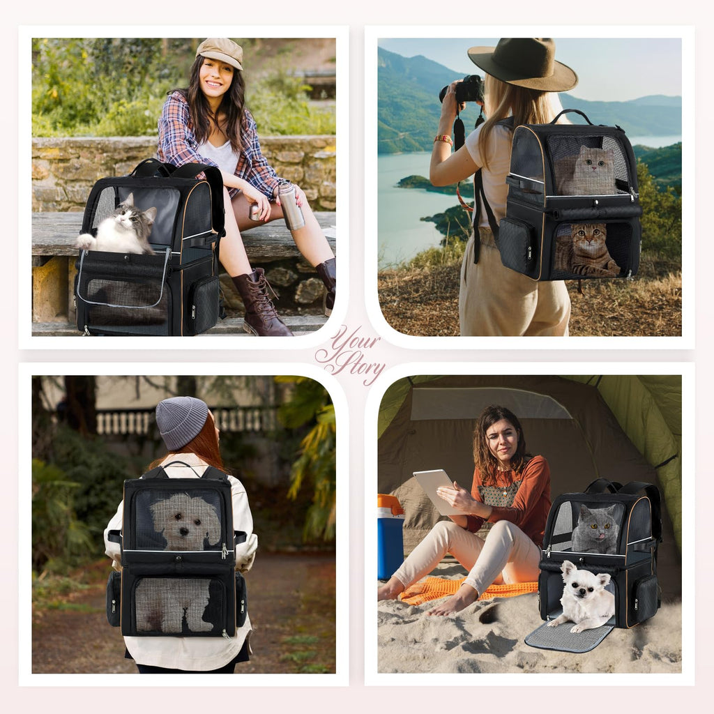Lekebobor Double Cat Backpack Carrier for 2 Cats, Double-Compartment Pet Carrier Backpack for Two Small Cat or One Medium Cat, Cats Carrier Backpack Dog Carrier Backpack Fits Up to 24 Lbs,Black