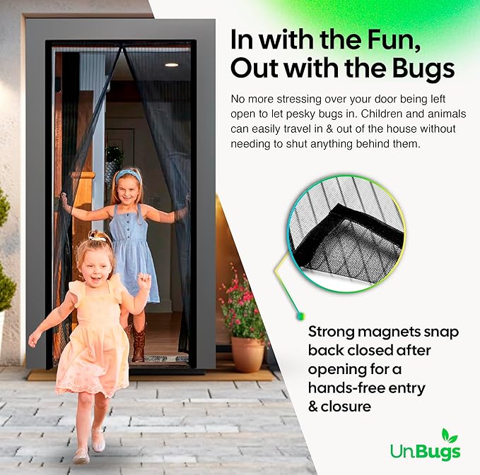 UnBugs Magnetic Screen Door - Fits Doors up to 36 x 82 Inches MAX - Pet & Kid Friendly, Self-Closing - Hands Free Magnet Closure Keeps Bugs Out & Breeze in