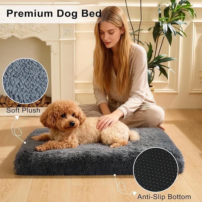 Fluffy Orthopedic Dog Beds for Puppy/Cats with Washable Removable Cover Dog Crate Bed Egg Crate Foam Support Plush Pet Pad Mat with Anti-Slip Bottom (24 * 16,Dark Grey)