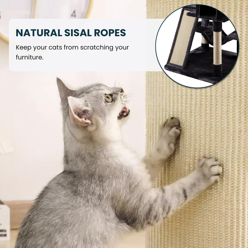 SHA CERLIN 65in Larger Cat Tree Tower Condo for Indoor Kitties/Multi-Level Furniture Activity Center with Wide Base/Cozy Plush Cat Perches/Baskets/Sisal Scratching Posts and Hammock/Dark Grey