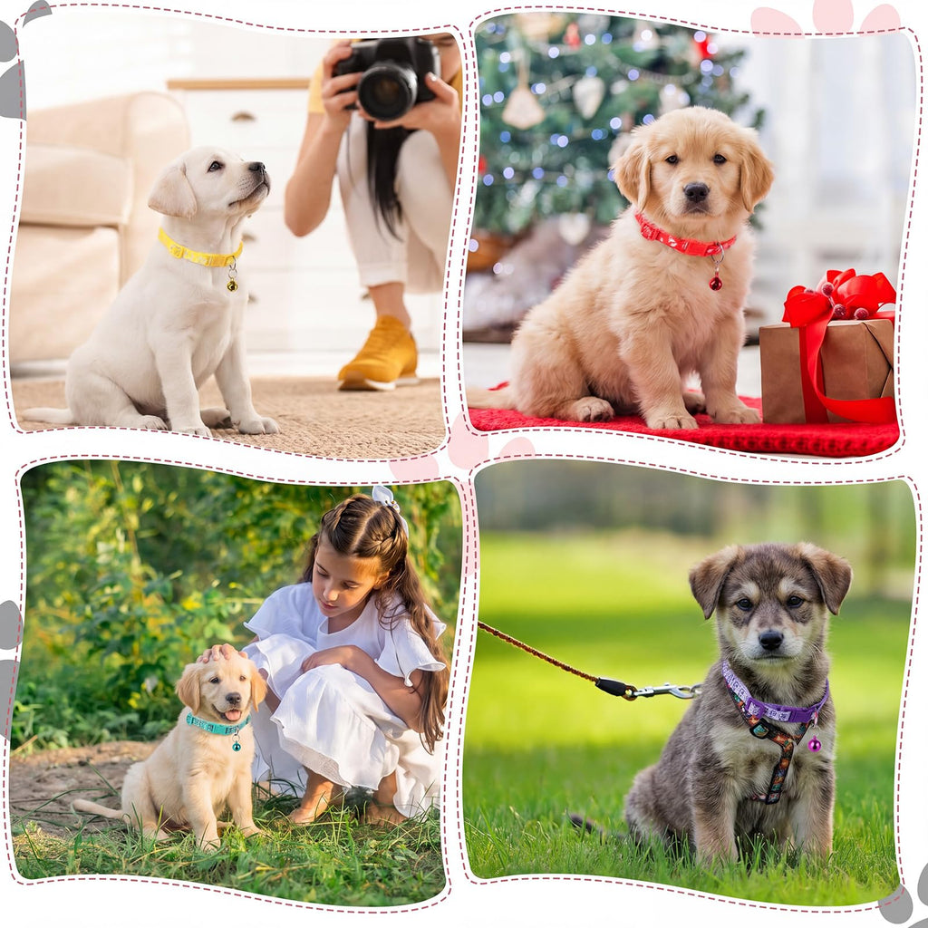 Yunsailing 24 Pcs Dog Collars with Bells for Litter Dog Puppy Soft Nylon Whelping Adjustable Reflective Kitten Collars for Newborn Pets Dogs, Assorted Colors(Cute Pattern)