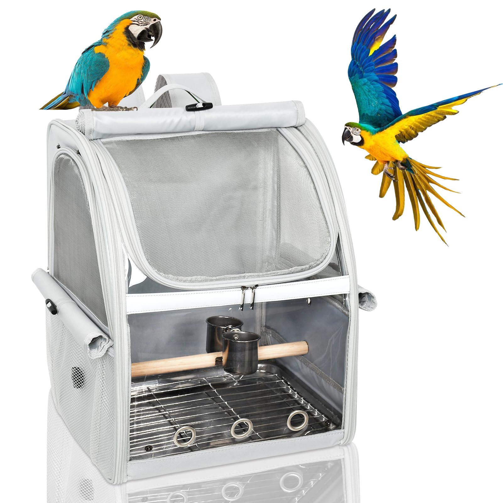GREGCE Bird Carrier Bag, Bird Travel Cage with Standing Perch and Indestructible Stainless Steel Mesh, Protable Transparent Breathable Carrier with Feeder Cups for Small Birds Parrot Parakeet, Grey