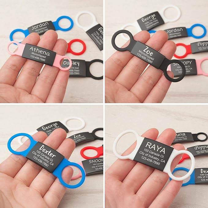 Anavia Slide On Silent Pet ID Tags, S/M/L/XL Personalized Black Stainless Steel Colored Silicone Cat Dog Name Tag, Customized Engraved Nameplate, Quiet Chew-Proof Pet Collar Tag (Black, X-Large)
