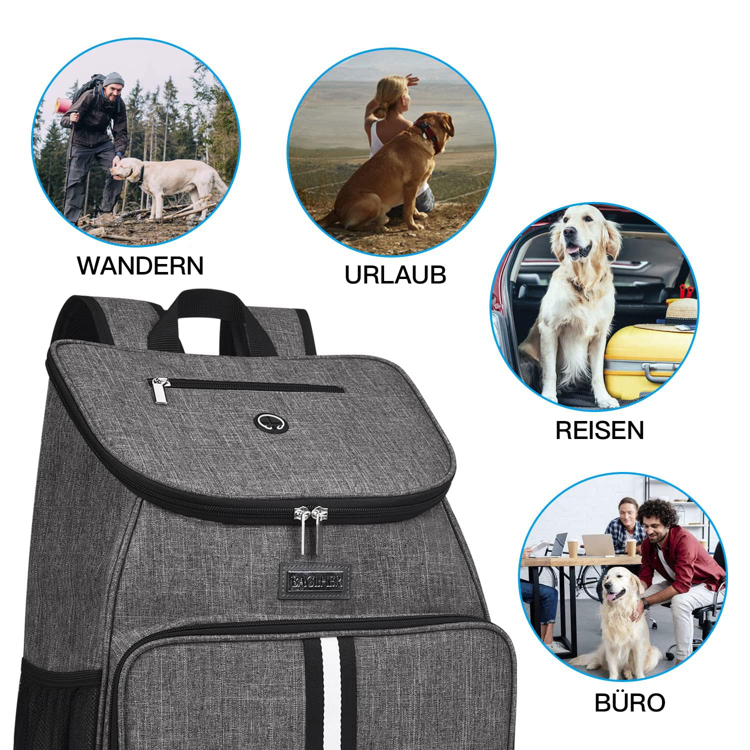 BAGLHER丨Dog Travel Bag, Airline Approved Pet Supplies Backpack, Dog Travel Backpack Accessories Set with 2 Silicone Collapsible Bowls and 2 Food Baskets, Gray
