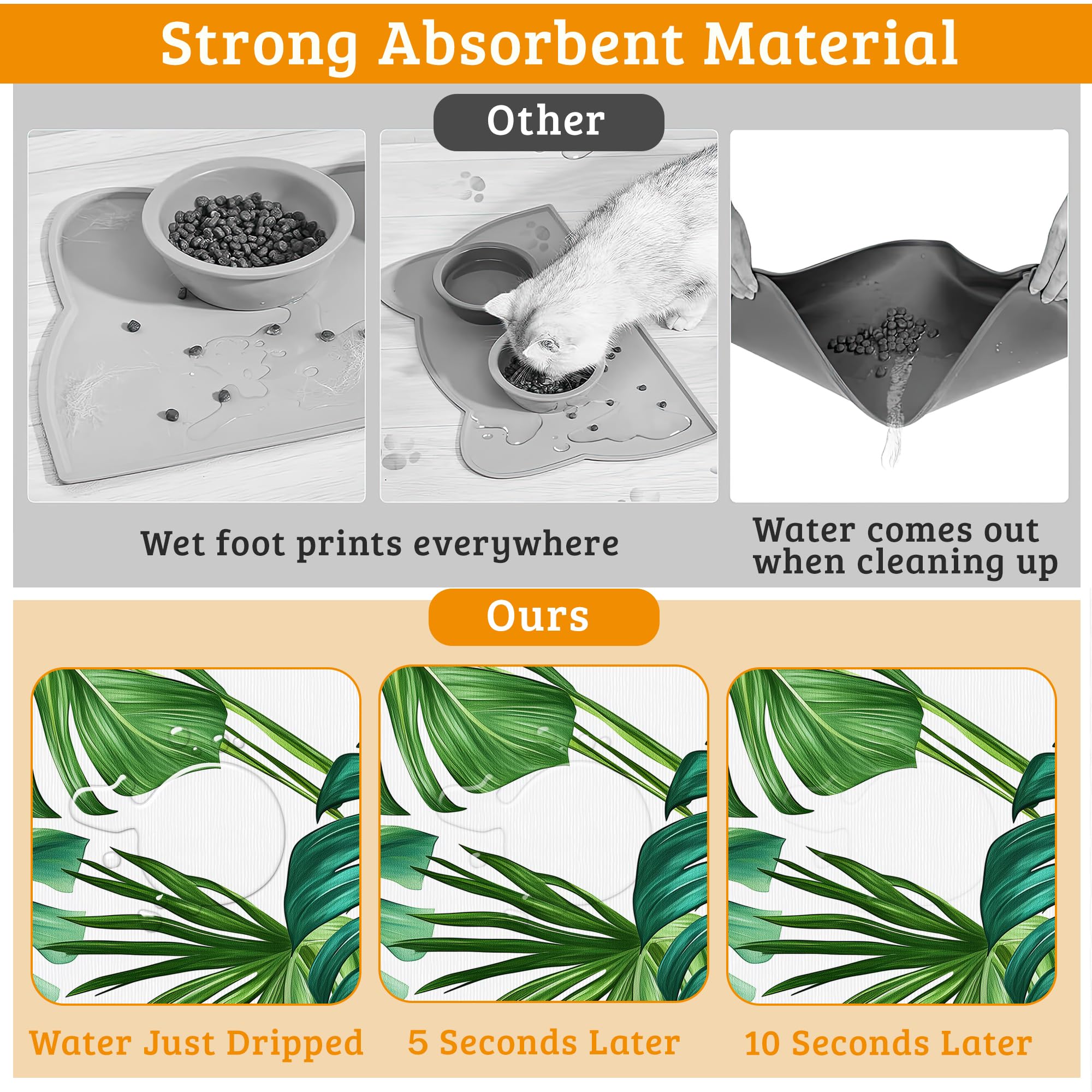 Dog Bowl Mat,Leaves Pet Feeding Mat for Floors Waterproof,Tropical Palm Absorbent Dogs Placemat for Food and Water Quick Dry Pet Cat Feeding Mats with Non Slip Bottom 16" x 24"