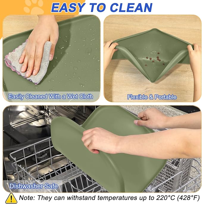 Silicone Pet Feeding Mat with Raised Edge for Food and Water, Dog Bowl Mats, Cat Bowls Placemat with High Lip for Floor Waterproof, Rubber Tray for Cats and Dogs 19 x 12 x0.7 Light Olive Green