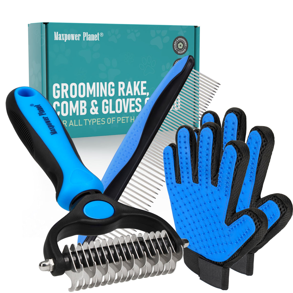 Maxpower Planet Pet Grooming Brush - Double Sided Dematting Undercoat Rake for Dogs and Cats, Extra Wide Pet Brush to Reduce Shedding by 95% (Blue, S)