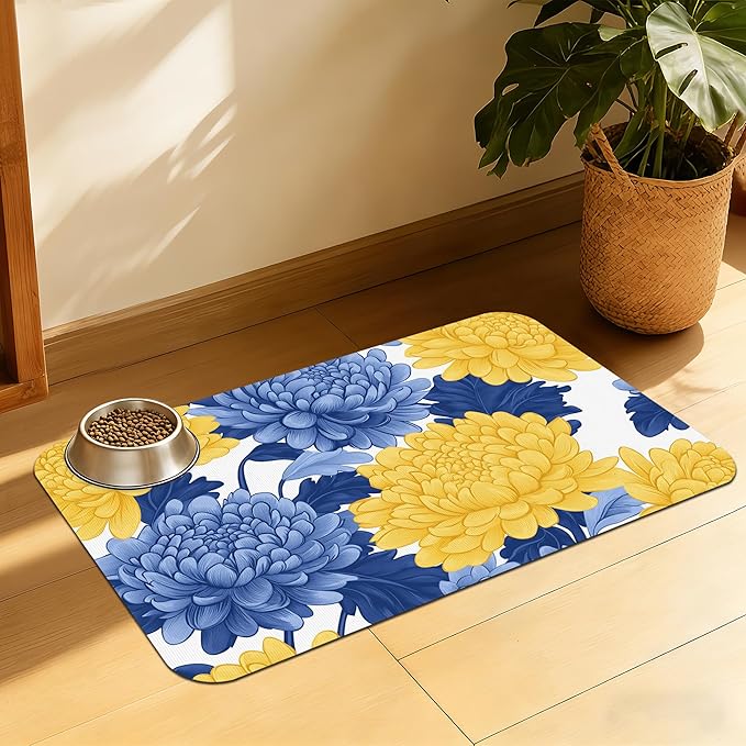 Blue Yellow Flowers Pet Feeding Mat, Quick Dry Absorbent Water Bowl Mat for Dogs and Cats, Anti-Slip Bottom, Indoor Use – 16x24 Inch