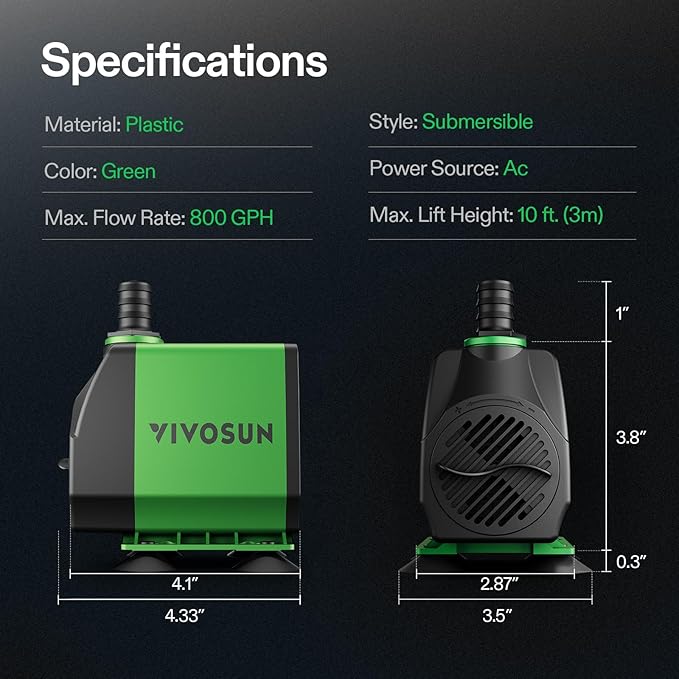 VIVOSUN 800GPH Submersible Fountain Water Pump for Pond, Aquarium, Statuary